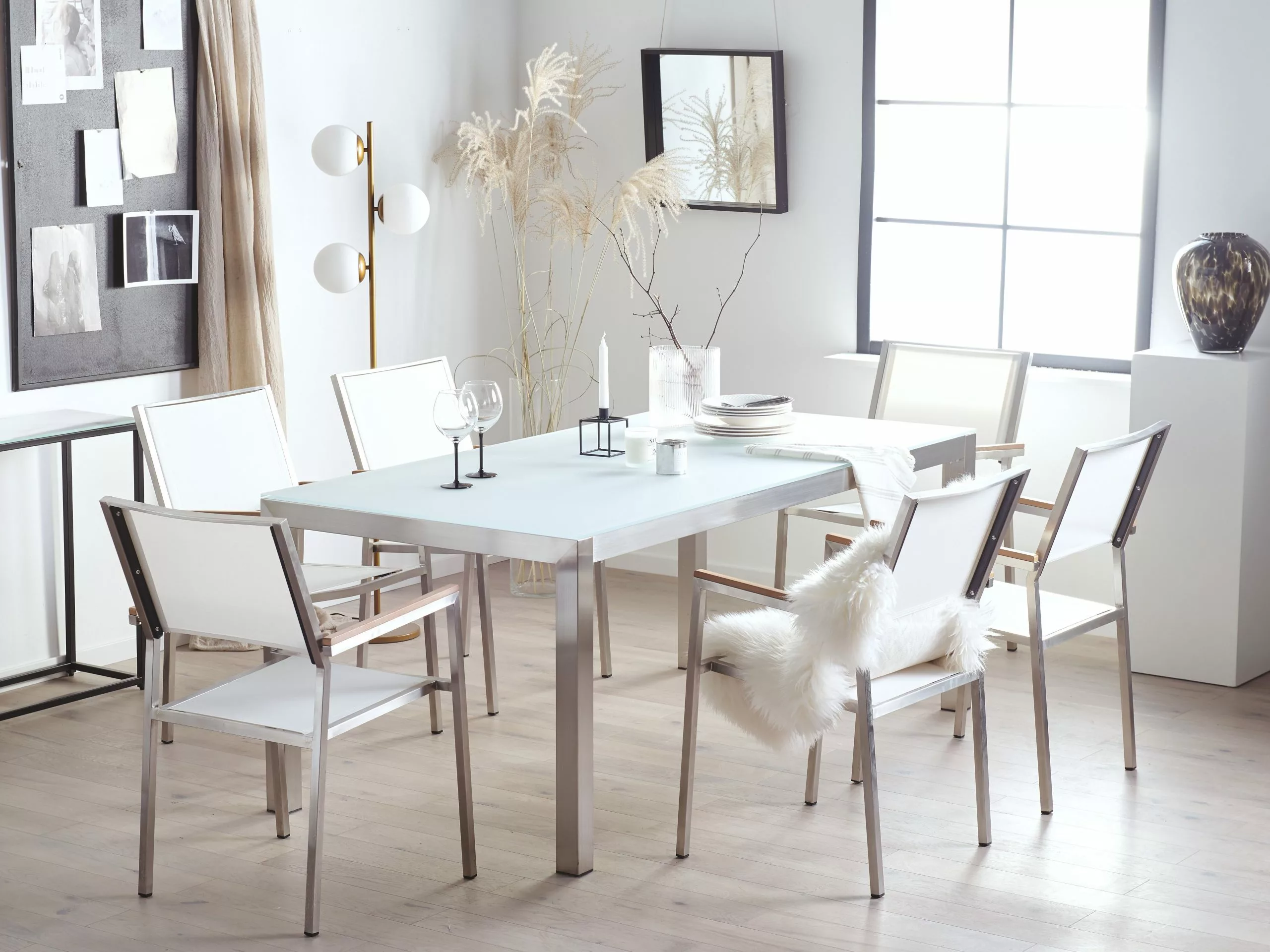 Beliani 6-istuttava Ulkoruokailuryhmä Lasitaso Tekstiilituolit Valkoinen GROSSETO - Image 4