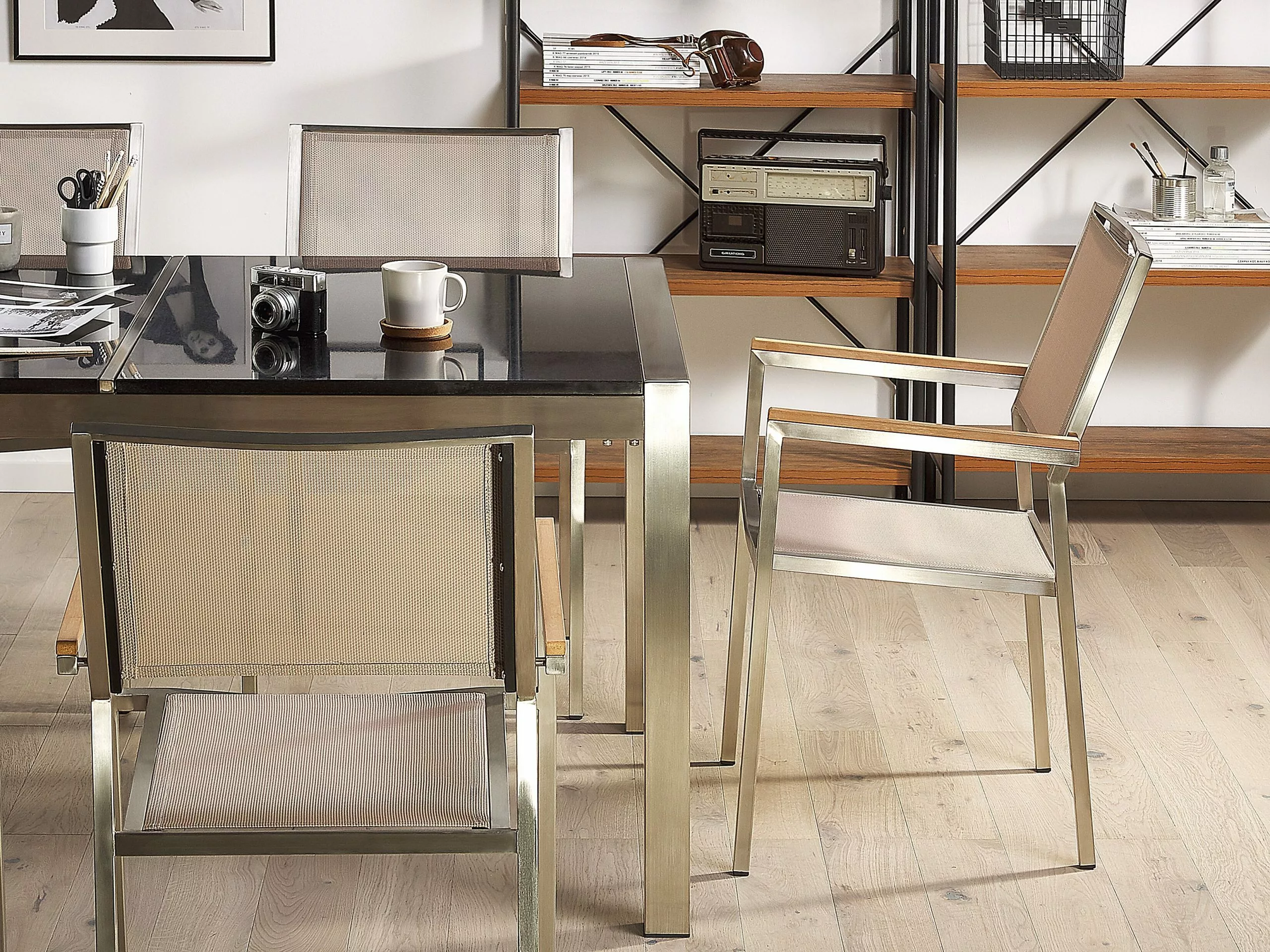 Beliani 6-istuttava Ulkoruokailuryhmä Lasitaso Tekstiilituolit Beige GROSSETO - Image 7