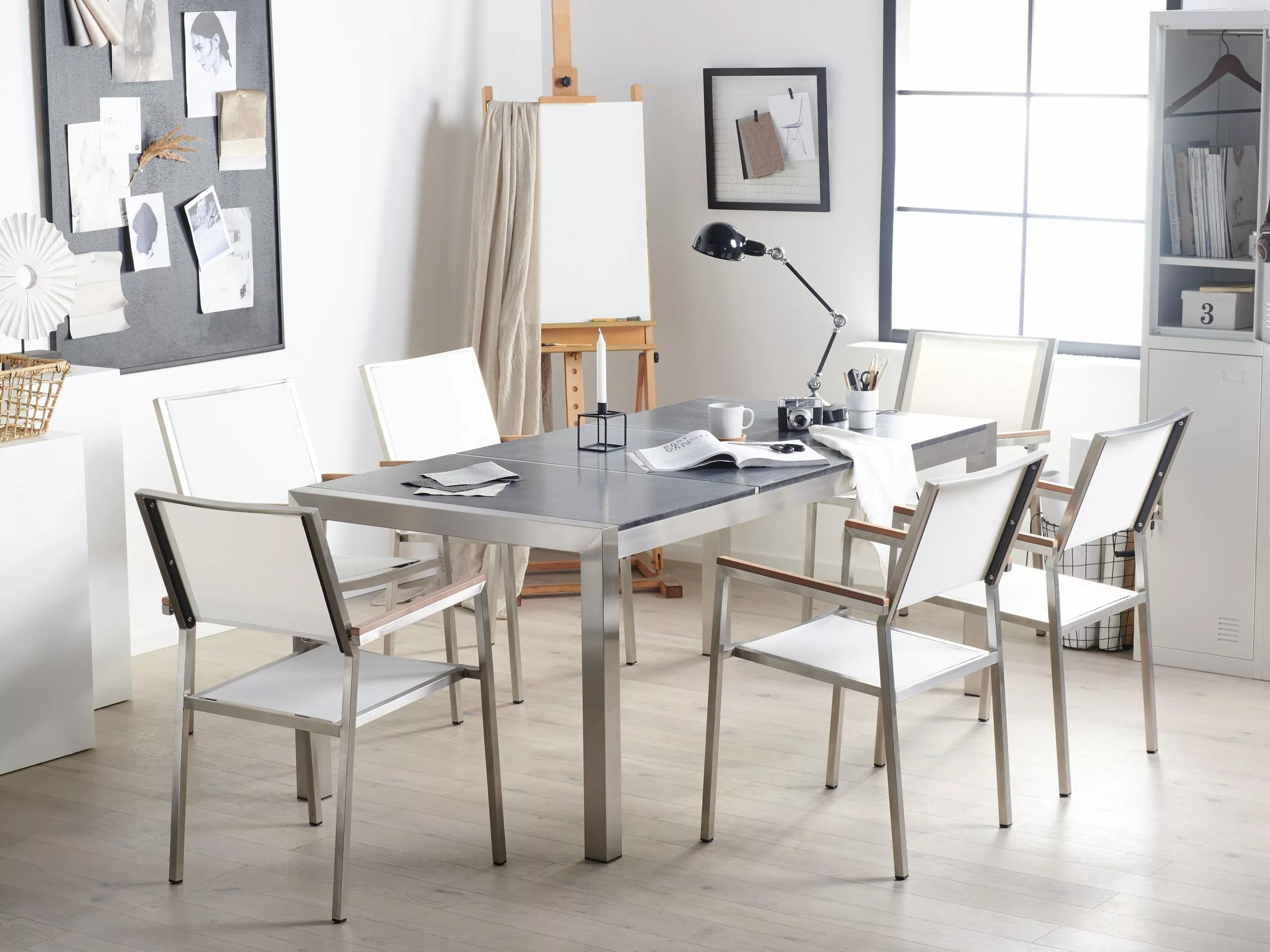 Beliani 6-istuttava Ulkoruokailuryhmä Poltettu Graniittitaso Tekstiilituolit Musta/valkoinen GROSSETO - Image 5