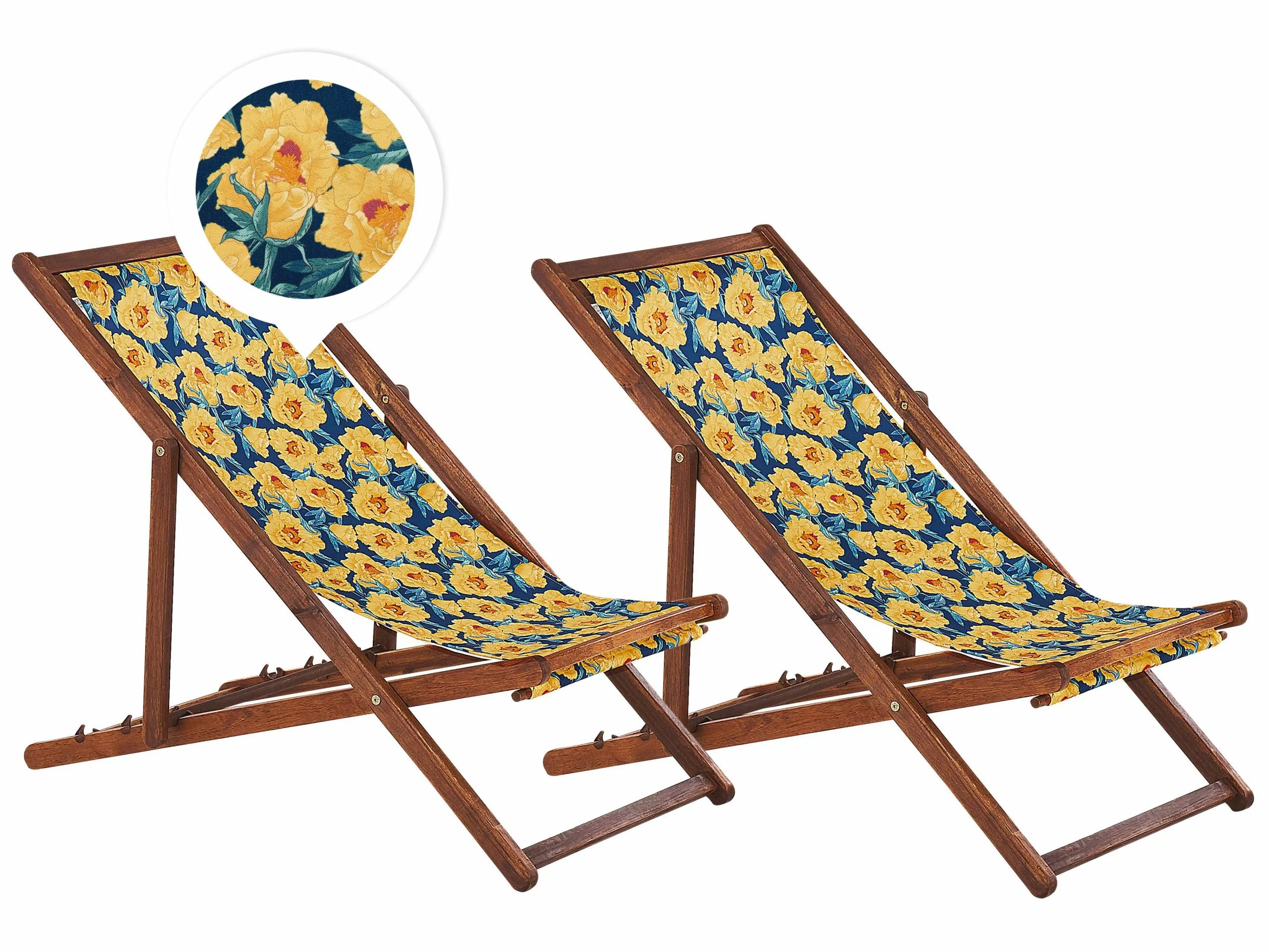 Beliani Tumma Akaasiapuinen Aurinkotuoli Keltaisella Kukkakuviokankaalla 2 Kpl ANZIO 3 Beliani Tumma Akaasiapuinen Aurinkotuoli Keltaisella Kukkakuviokankaalla 2 Kpl ANZIO